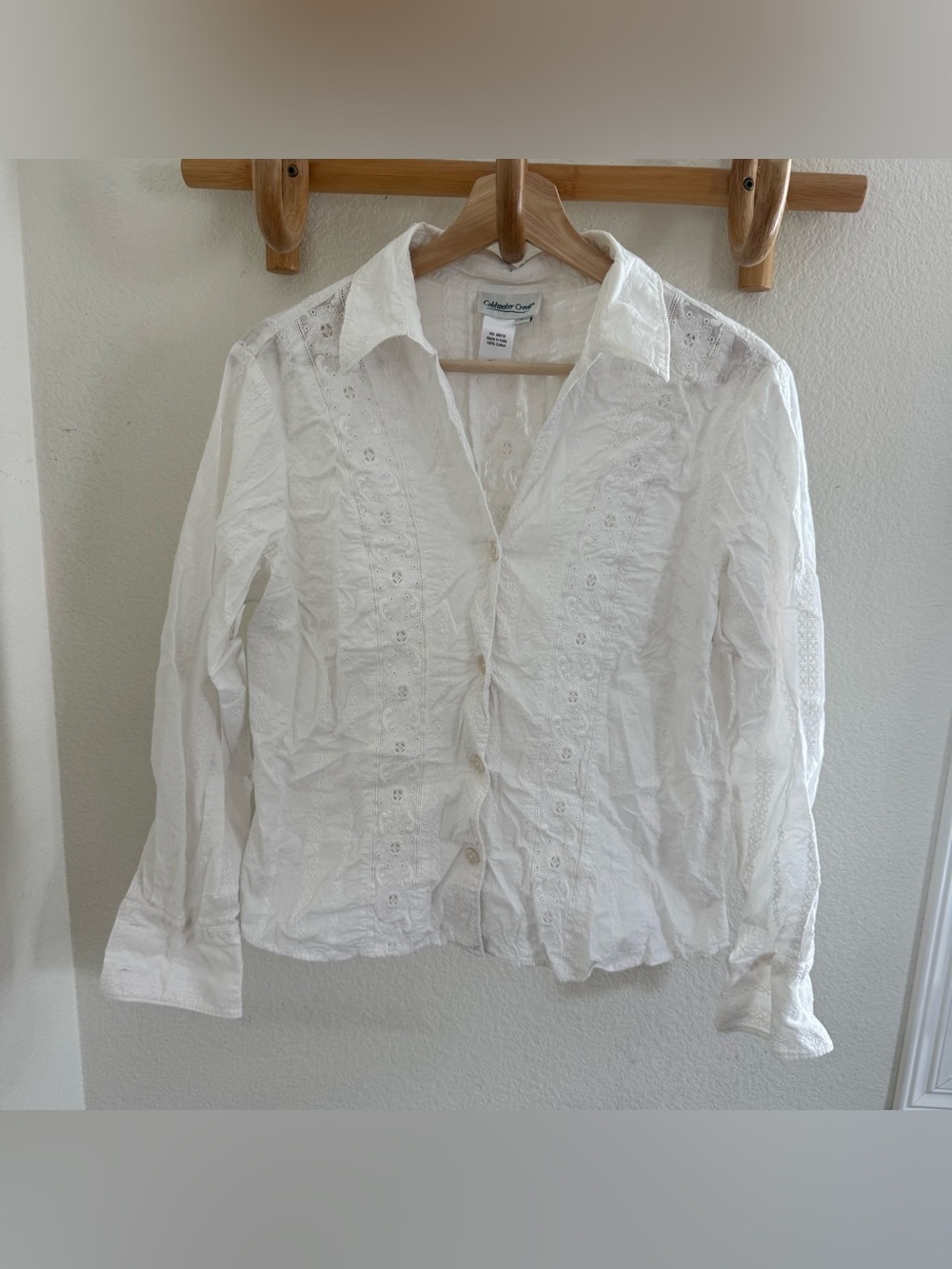 Boho prairie Cottagecore shabby chic white cotton blouse eyelet lace detailing